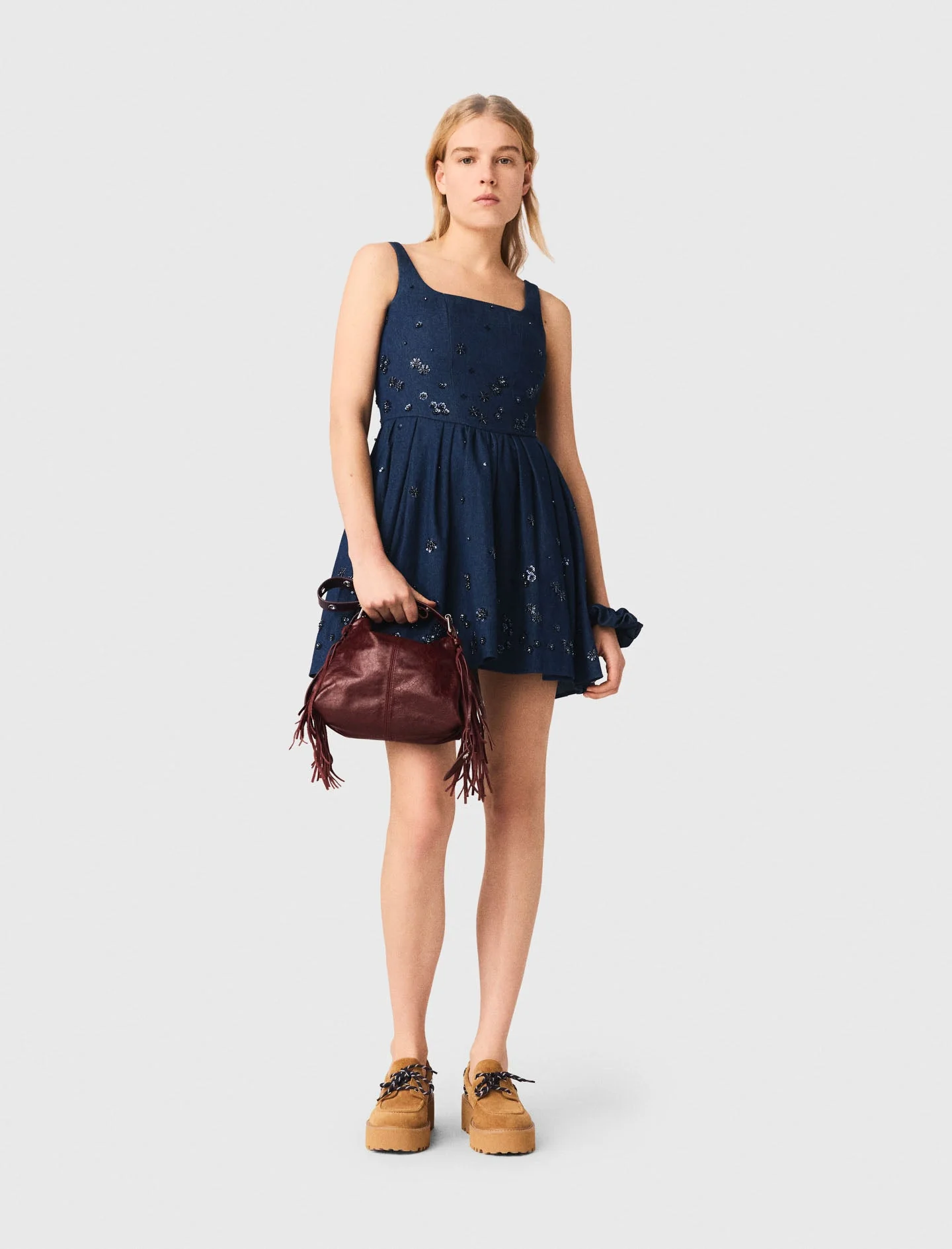 Flared Embroidered Denim Dress Navy