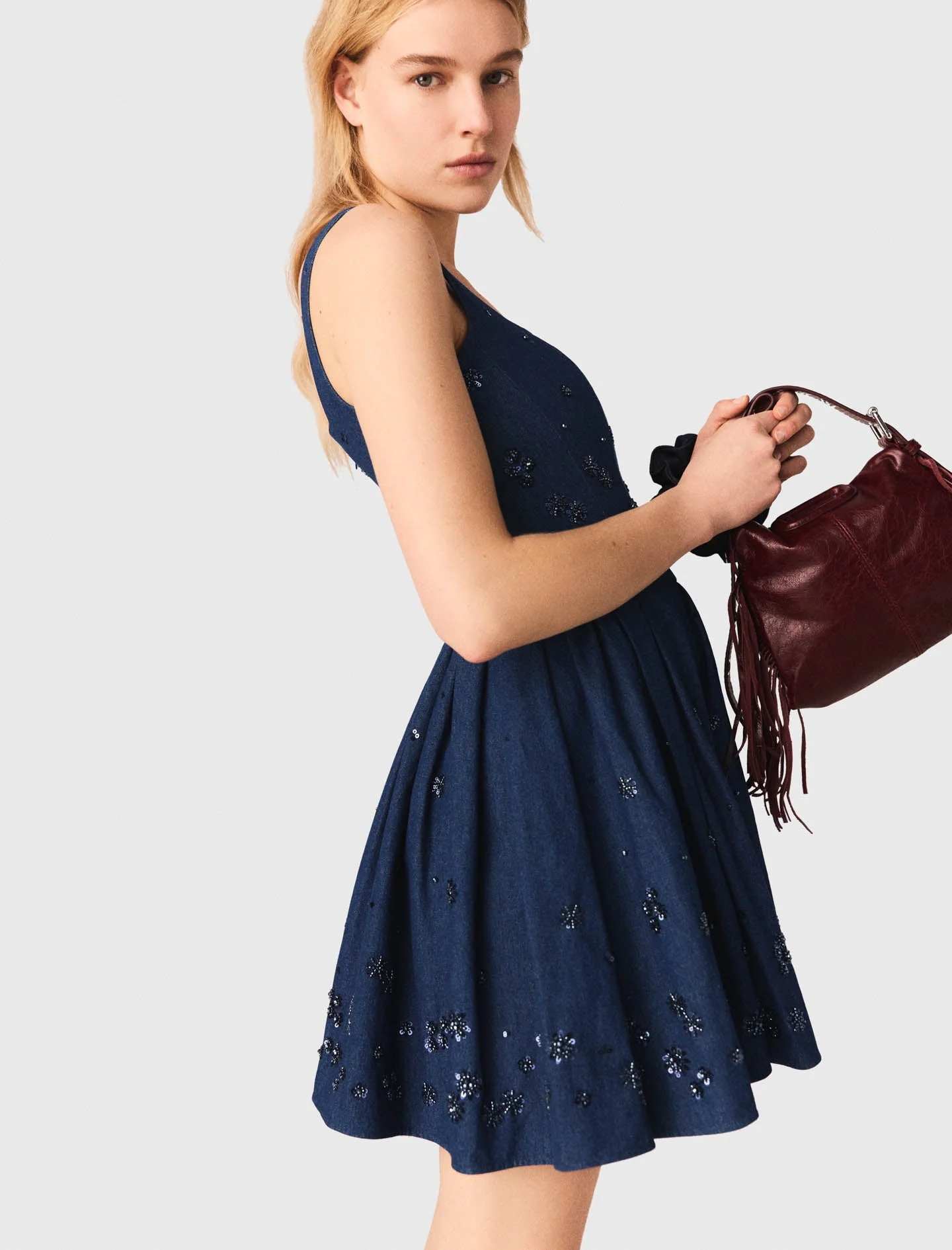 Flared Embroidered Denim Dress Navy - Image 2