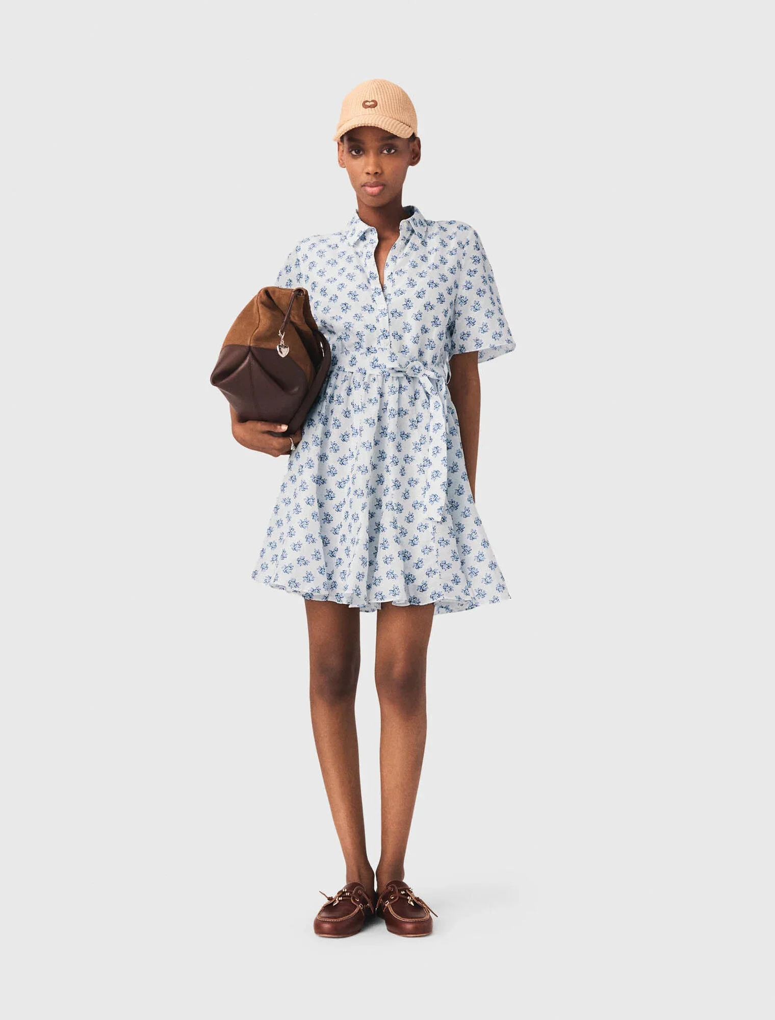 Short Patterned Linen-Blend Dress Blue Small Flowers Print - Image 5